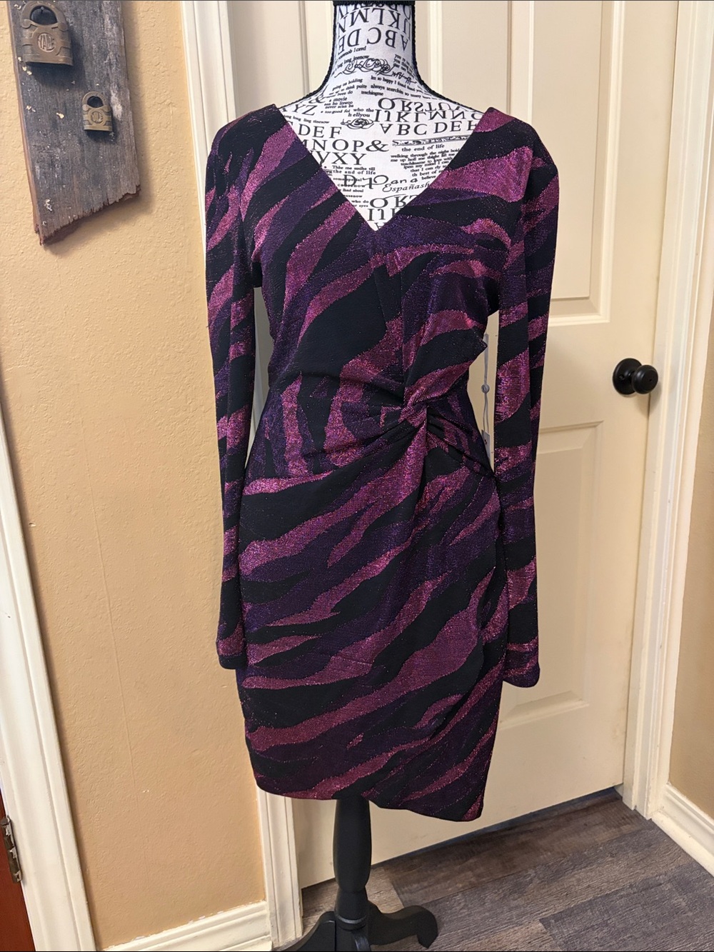 Siena Studio Purple and Black Zebra-Stripe Long Sleeve twist waist Dress sparkly